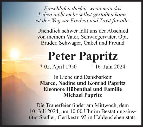 Traueranzeige von Peter Papritz von Volksstimme Haldensleben/Wolmirstedt