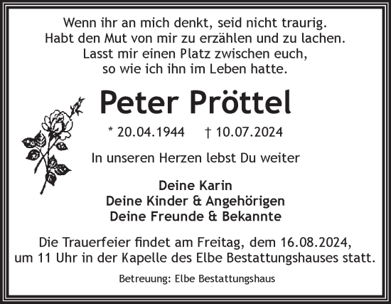 Traueranzeige von Peter Pröttel von Volksstimme Magdeburg