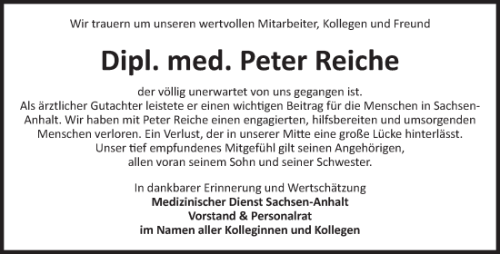 Traueranzeige von Peter Reiche von Mitteldeutsche Zeitung Halle/Saalkreis