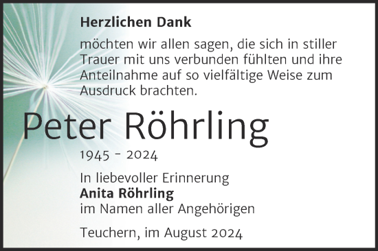 Traueranzeige von Peter Röhrling von Trauerkombi Weißenfels
