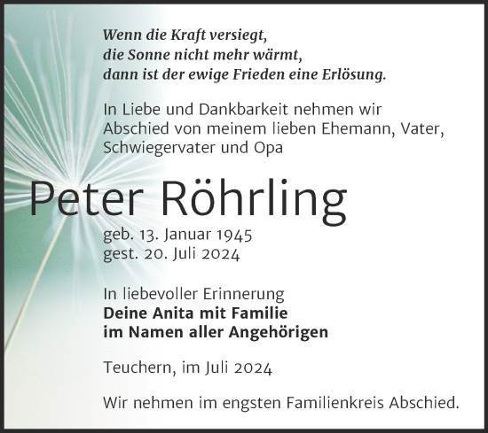 Traueranzeige von Peter Röhrling von Trauerkombi Weißenfels