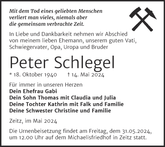 Traueranzeige von Peter Schlegel von Trauerkombi Zeitz