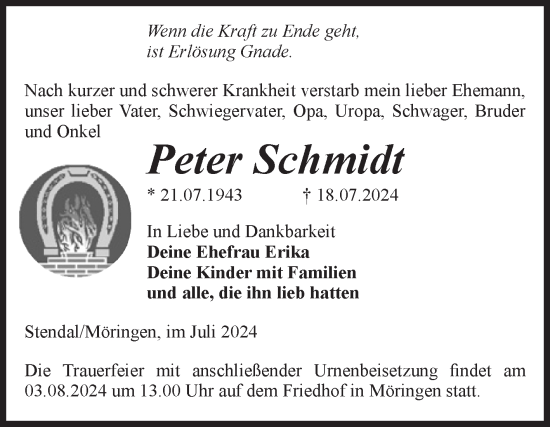 Traueranzeige von Peter Schmidt von Volksstimme Altmark Ost