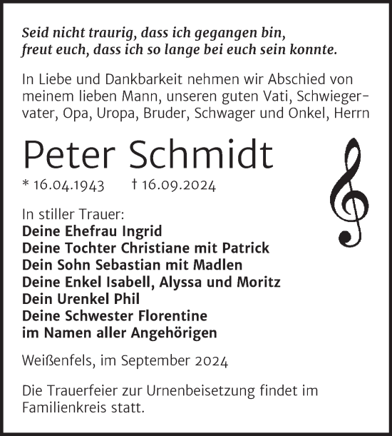 Traueranzeige von Peter Schmidt von Trauerkombi Weißenfels
