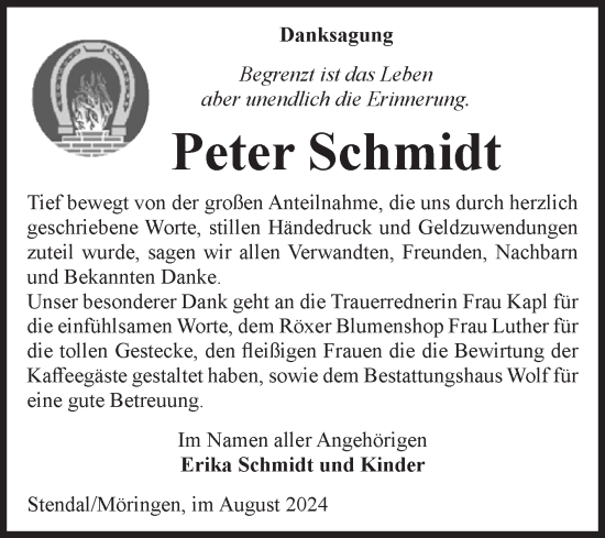 Traueranzeige von Peter Schmidt von Volksstimme Altmark Ost