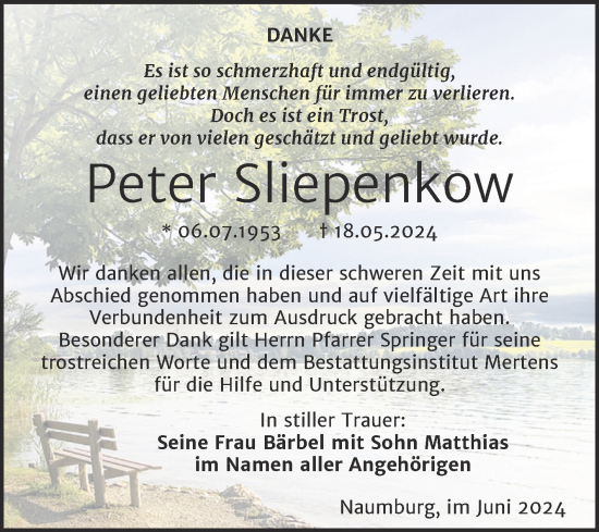 Traueranzeige von Peter Sliepenkow von Super Sonntag Naumburg/Nebra