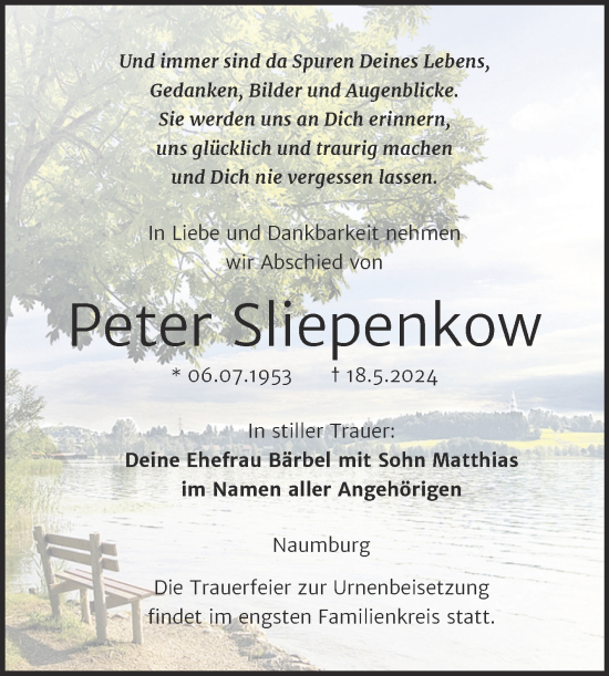 Traueranzeige von Peter Sliepenkow von Super Sonntag Naumburg/Nebra