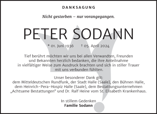 Traueranzeige von Peter Sodann von Mitteldeutsche Zeitung Halle/Saalkreis