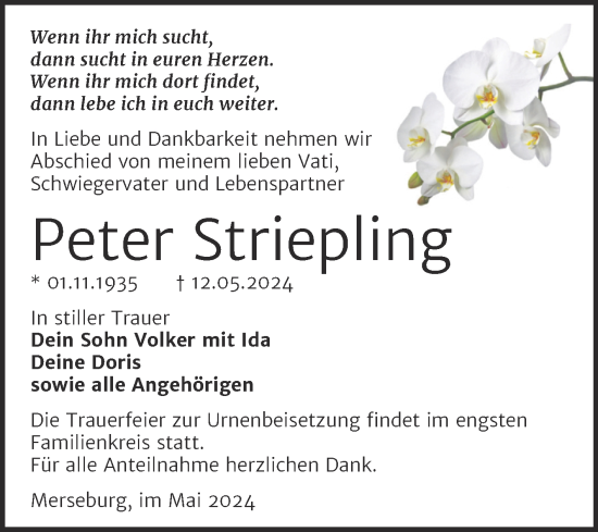 Traueranzeige von Peter Striepling von Trauerkombi Merseburg
