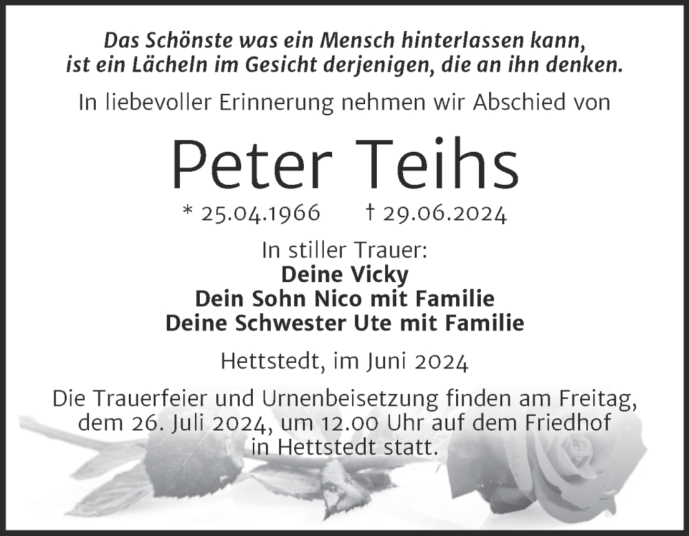  Traueranzeige für Peter Teihs vom 17.07.2024 aus Trauerkombi Mansfelder Land