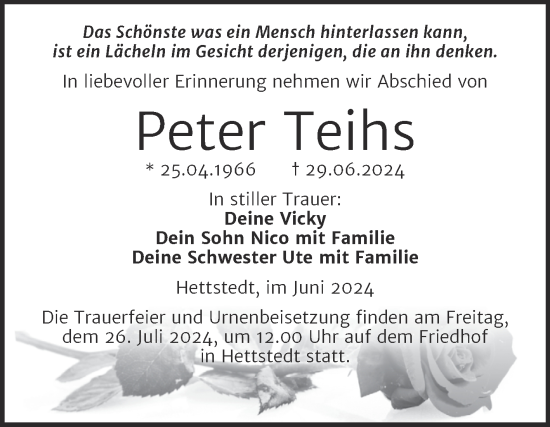 Traueranzeige von Peter Teihs von Trauerkombi Mansfelder Land