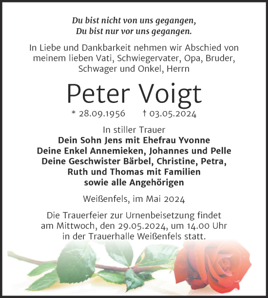 Traueranzeige von Peter Voigt von Trauerkombi Weißenfels