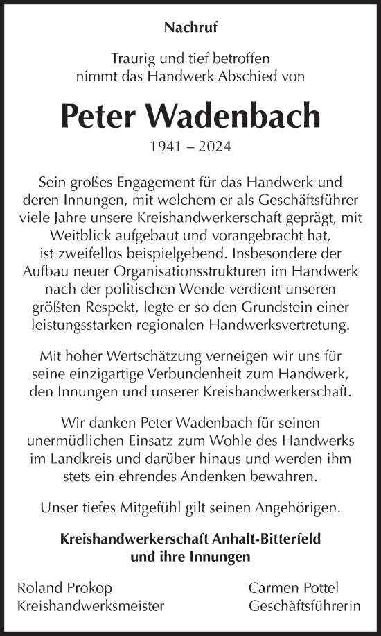 Traueranzeige von Peter Wadenbach von Volksstimme Zerbst