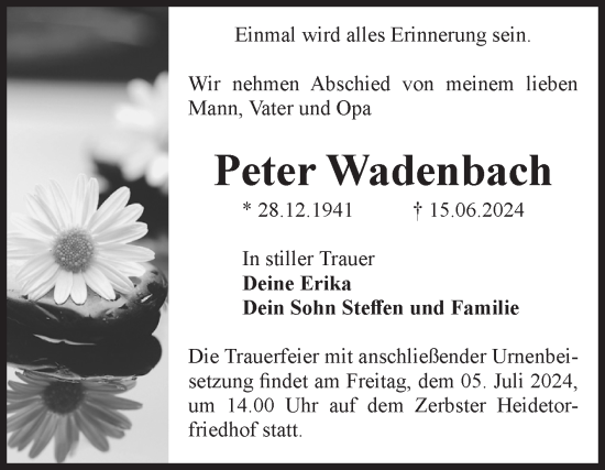 Traueranzeige von Peter Wadenbach von Volksstimme Zerbst