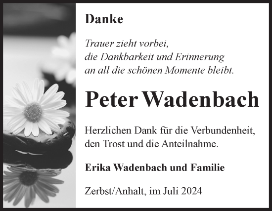 Traueranzeige von Peter Wadenbach von Volksstimme Zerbst