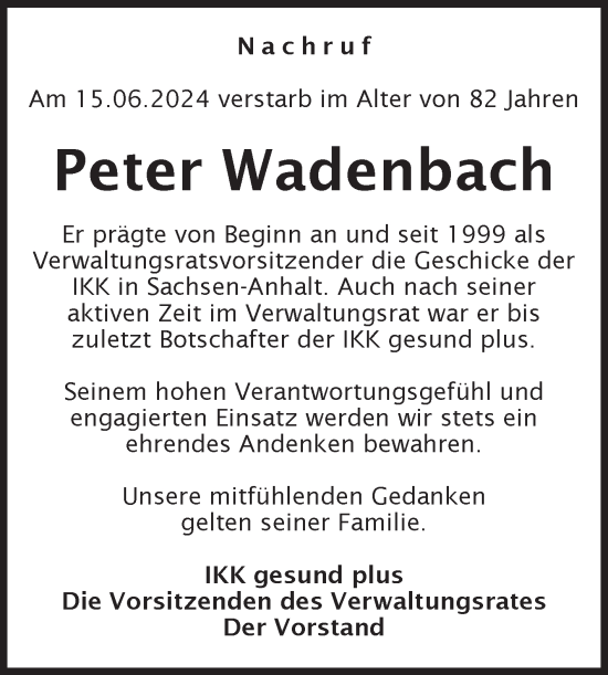 Traueranzeige von Peter Wadenbach von Volksstimme Zerbst