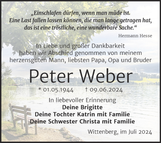 Traueranzeige von Peter Weber von Trauerkombi Wittenberg