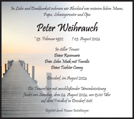 Traueranzeige von Peter Weihrauch von Volksstimme Halberstadt