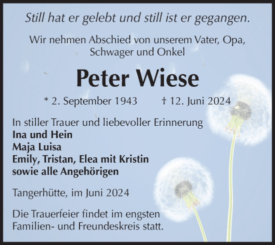 Traueranzeige von Peter Wiese von Volksstimme Altmark Ost