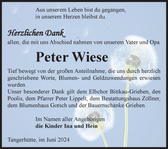 Traueranzeige von Peter Wiese von Volksstimme Altmark Ost
