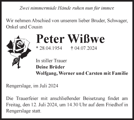 Traueranzeige von Peter Wißwe von Volksstimme Altmark Ost