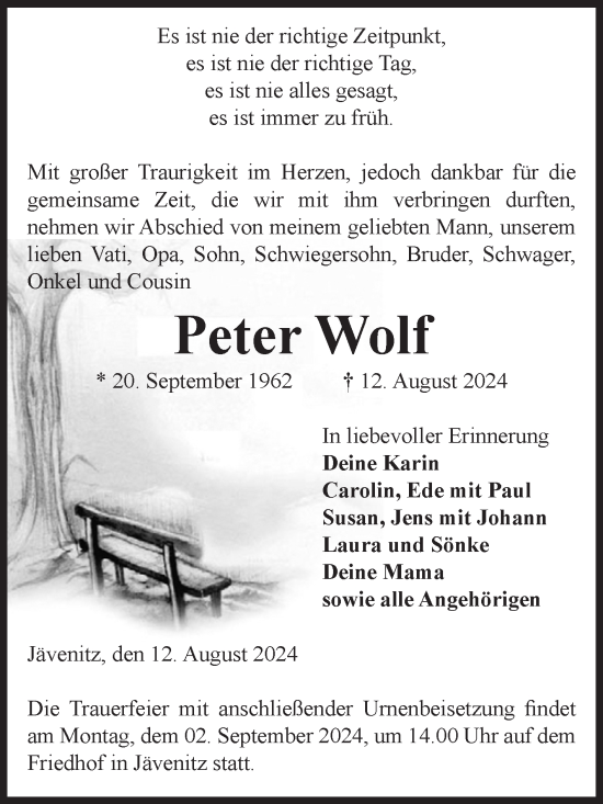 Traueranzeige von Peter Wolf von Volksstimme Altmark West