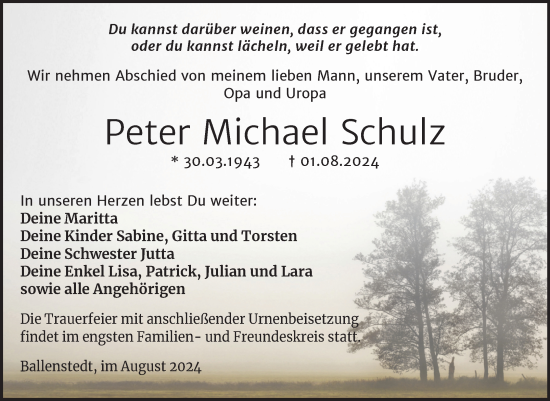 Traueranzeige von Peter Michael Schulz von Trauerkombi Quedlinburg