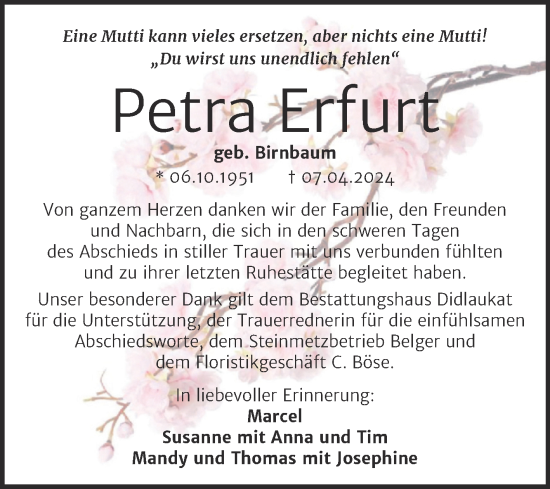 Traueranzeige von Petra Erfurt von Trauerkombi Quedlinburg