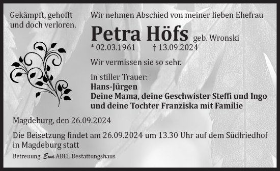 Traueranzeige von Petra Höfs von Volksstimme Magdeburg