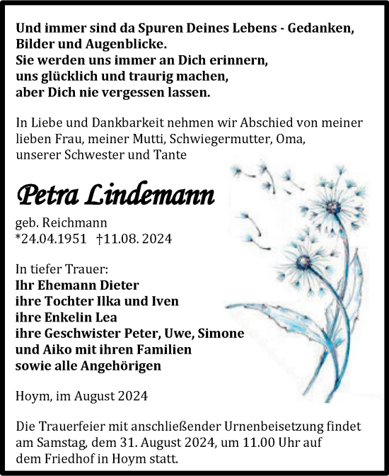 Traueranzeige von Petra Lindemann von Trauerkombi Aschersleben