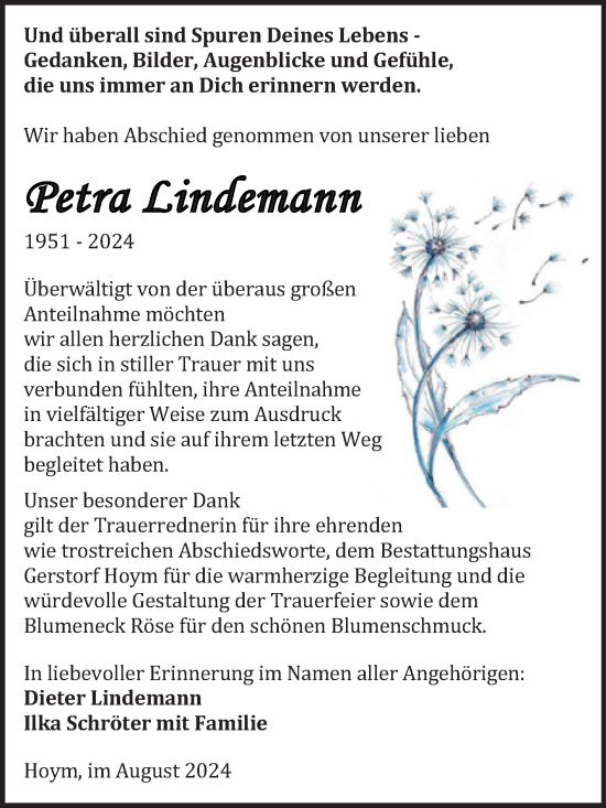 Traueranzeige von Petra Lindemann von Trauerkombi Aschersleben