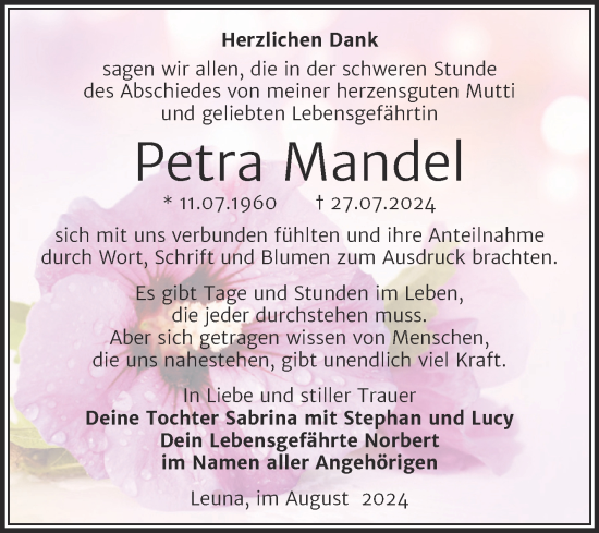 Traueranzeige von Petra Mandel von Trauerkombi Merseburg