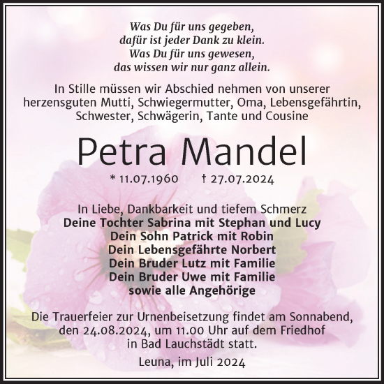 Traueranzeige von Petra Mandel von Trauerkombi Merseburg