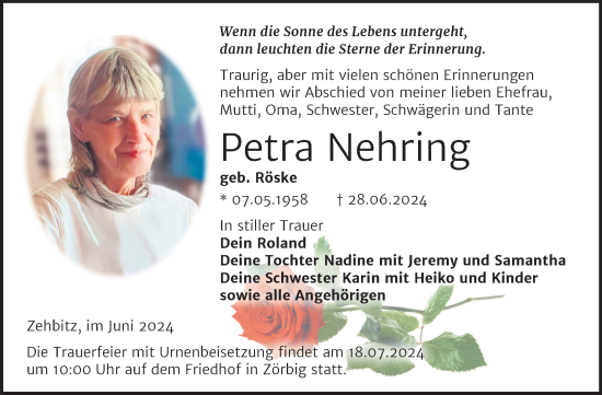 Traueranzeige von Petra Nehring von Trauerkombi Bitterfeld