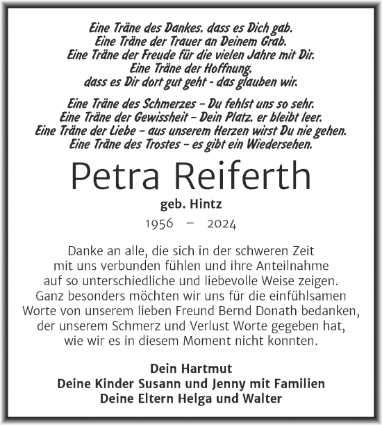 Traueranzeige von Petra Reiferth von Naumburger Tageblatt