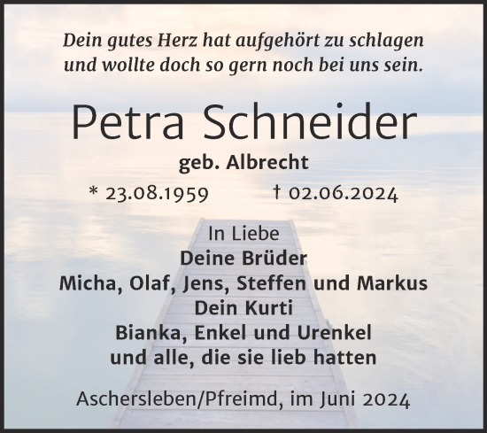 Traueranzeige von Petra Schneider von Trauerkombi Aschersleben