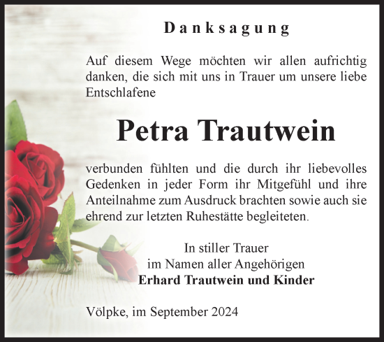 Traueranzeige von Petra Trautwein von Volksstimme Oschersleben/Wanzleben