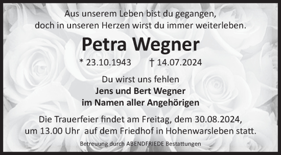 Traueranzeige von Petra Wegner von Volksstimme Magdeburg
