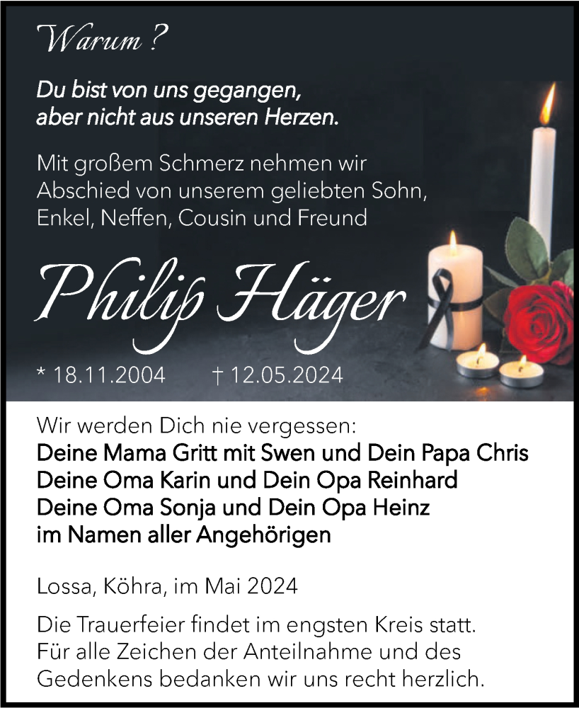  Traueranzeige für Philip Häger vom 25.05.2024 aus Super Sonntag Naumburg/Nebra