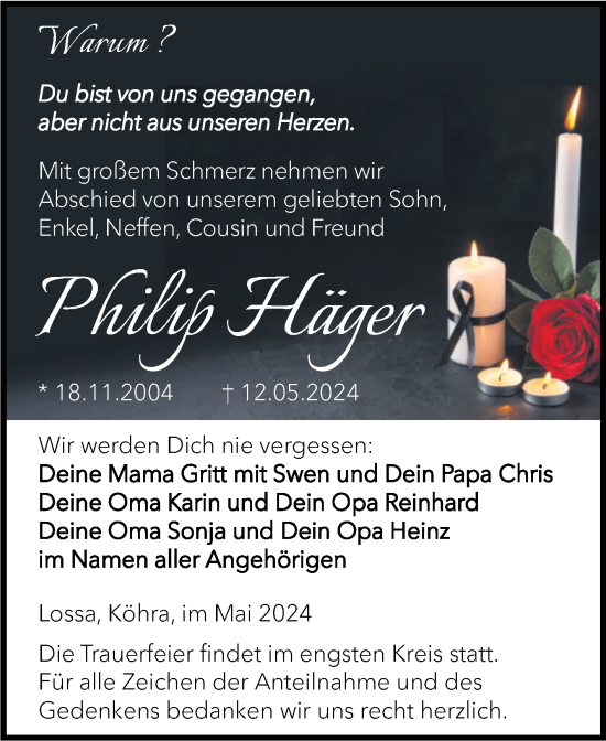 Traueranzeige von Philip Häger von Super Sonntag Naumburg/Nebra