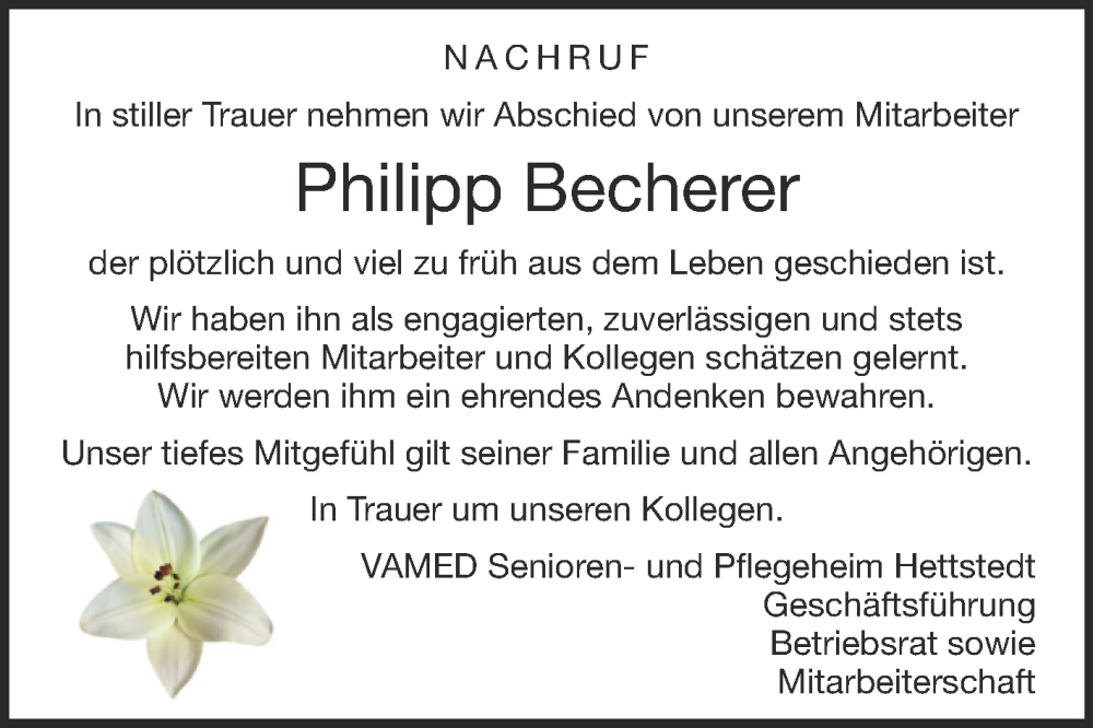  Traueranzeige für Philipp Becherer vom 03.08.2024 aus Super Sonntag Mansfelder Land