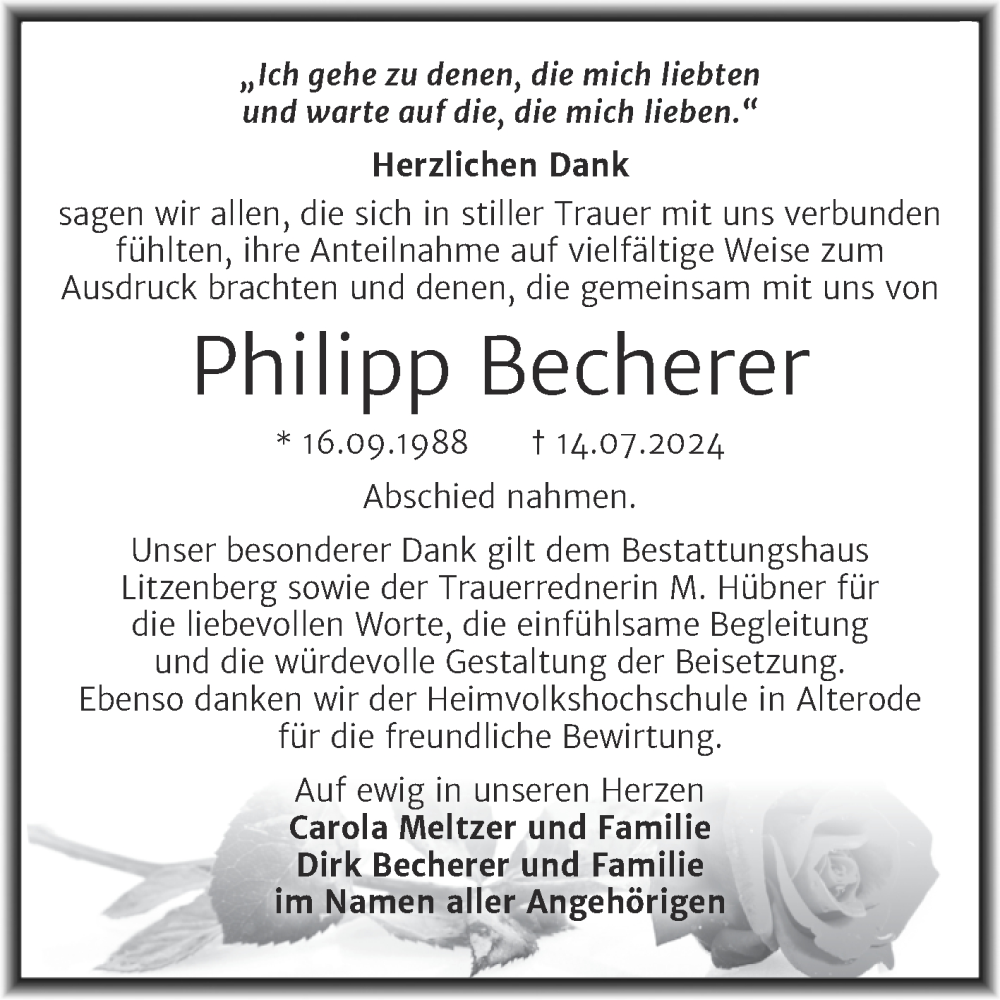  Traueranzeige für Philipp Becherer vom 17.08.2024 aus Trauerkombi Mansfelder Land