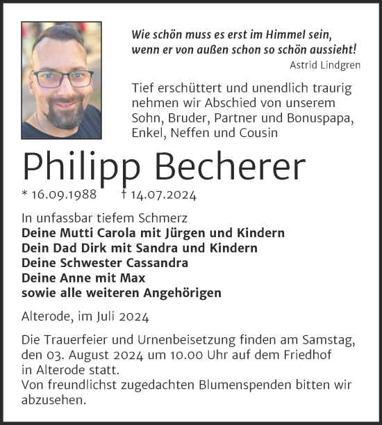 Traueranzeige von Philipp Becherer von Trauerkombi Mansfelder Land