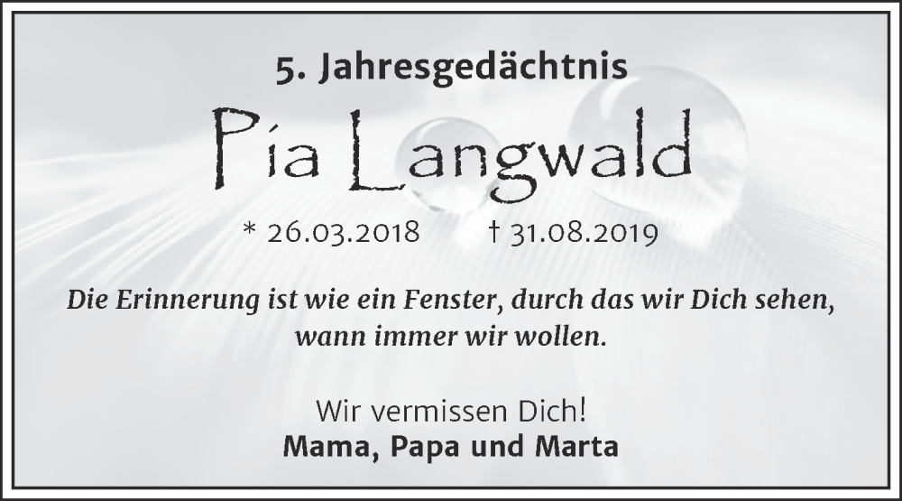  Traueranzeige für Pia Elisabeth Langwald vom 31.08.2024 aus Trauerkombi Merseburg
