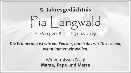 Traueranzeige von Pia Elisabeth Langwald von Trauerkombi Merseburg