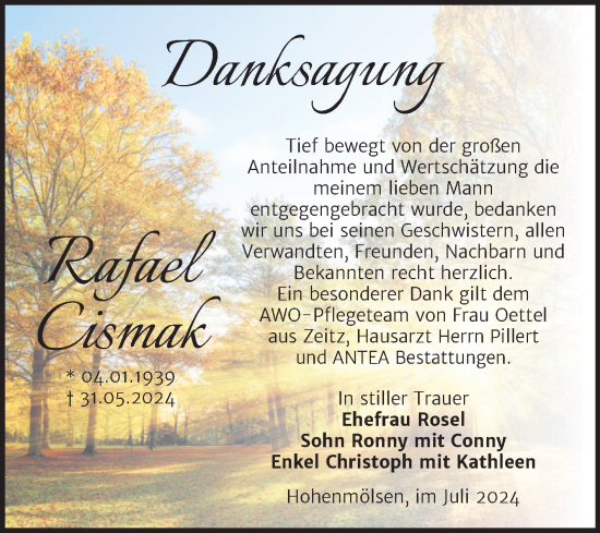 Traueranzeige von Rafael Cismak von Trauerkombi Weißenfels