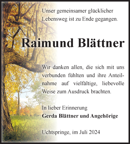 Traueranzeige von Raimund Blättner von Volksstimme Altmark Ost