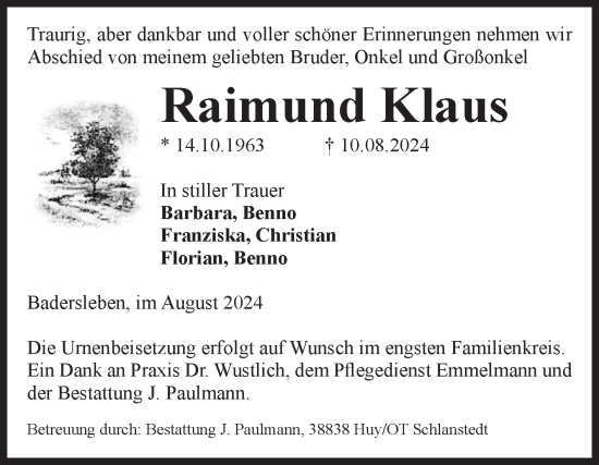 Traueranzeige von Raimund Klaus von Volksstimme Halberstadt