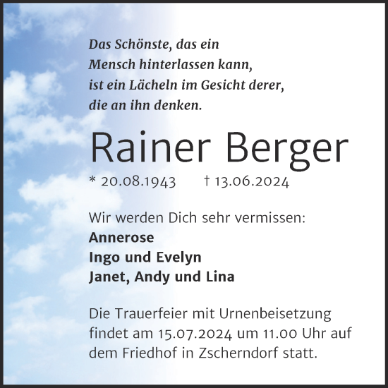 Traueranzeige von Rainer Berger von Trauerkombi Bitterfeld