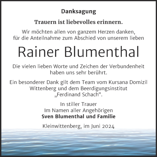 Traueranzeige von Rainer Blumenthal von Trauerkombi Wittenberg